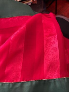 Vibrant Red Satin Stripe Fabric Green Trimmed 116”x 58”